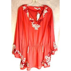 Soft Surroundings Small Tunic Blouse 100% Viscose Orange Lace Embroidery beaded